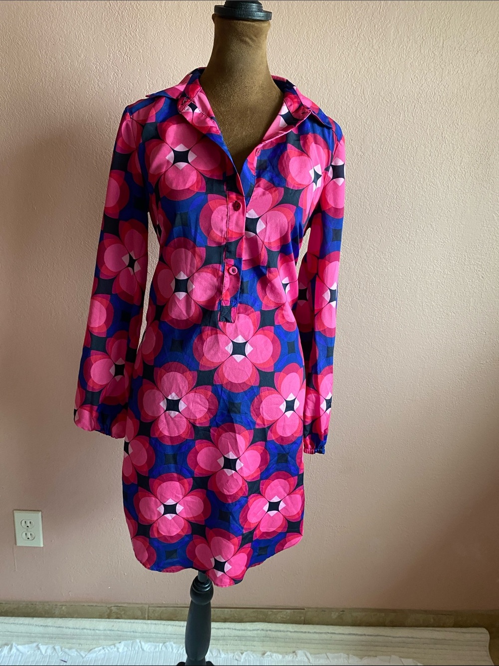 TRINA TURK Pink & Blue Floral Long-Sleeve Shirt Dress